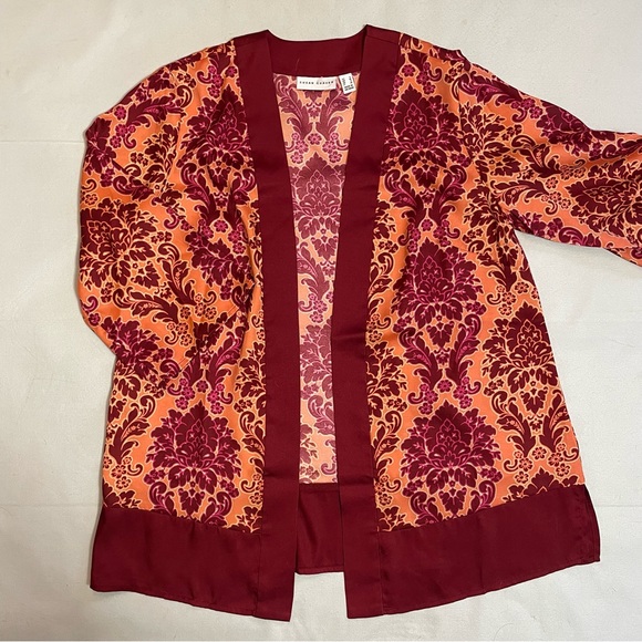 New Susan Graver Red Printed Woven Open-Front Cardigan Size S - Picture 8 of 13